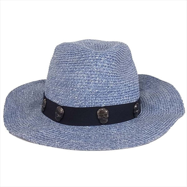 Lucien Pellat-Finet ルシアンペラフィネ ロゴ スカルスタッズ ストローハット HAT12 帽子 ブルー系 L【新古品】【未使用】【中古】