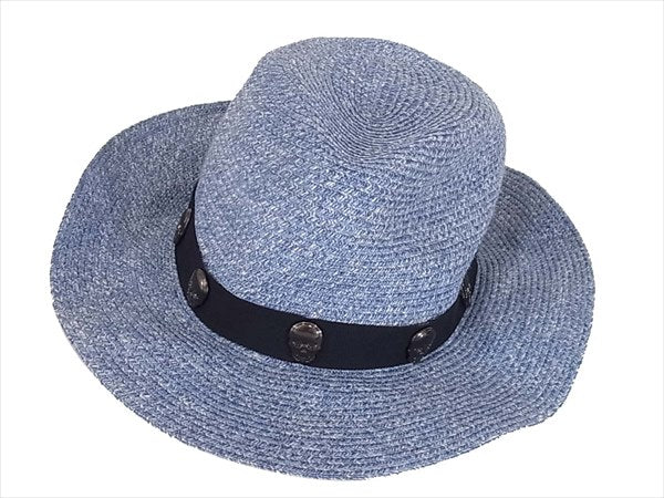 Lucien Pellat-Finet ルシアンペラフィネ ロゴ スカルスタッズ ストローハット HAT12 帽子 ブルー系 L【新古品】【未使用】【中古】