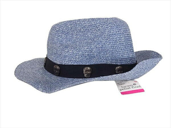 Lucien Pellat-Finet ルシアンペラフィネ ロゴ スカルスタッズ ストローハット HAT12 帽子 ブルー系 L【新古品】【未使用】【中古】