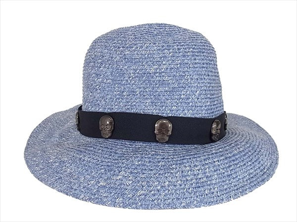 Lucien Pellat-Finet ルシアンペラフィネ ロゴ スカルスタッズ ストローハット HAT12 帽子 ブルー系 L【新古品】【未使用】【中古】