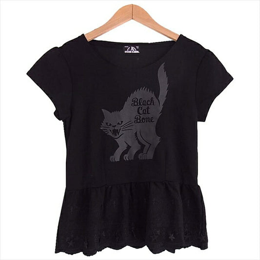 HYSTERIC GLAMOUR ヒステリックグラマー キャットプリント レース柄チュニック Black Cat Bone レディース カットソー 黒系 黒系 F【中古】