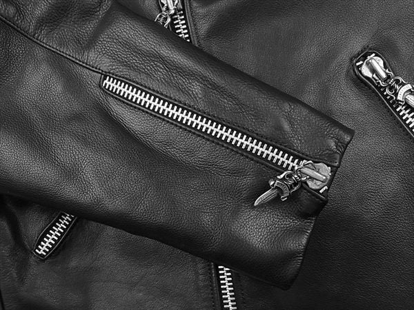 CHROME HEARTS クロムハーツ（原本無） 特注オーダー フレア フローラルクロス ライダース レザー ジャケット 黒系 S【美品】【中古】