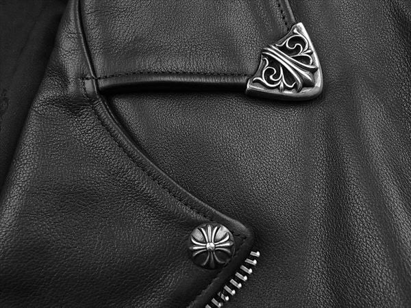CHROME HEARTS クロムハーツ（原本無） 特注オーダー フレア フローラルクロス ライダース レザー ジャケット 黒系 S【美品】【中古】