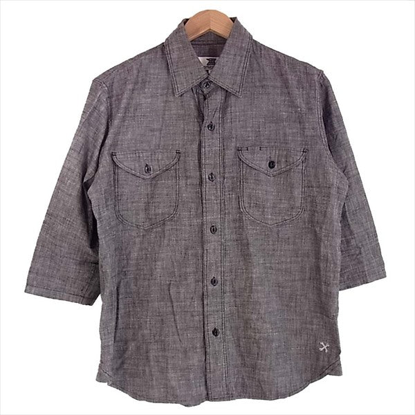 BLUCO WORK GARMENT ブルコ 7分袖 シャンブレー ワーク シャツ メンズ 刺繍 ワンポイント 長袖シャツ ブラック系 M【中古】