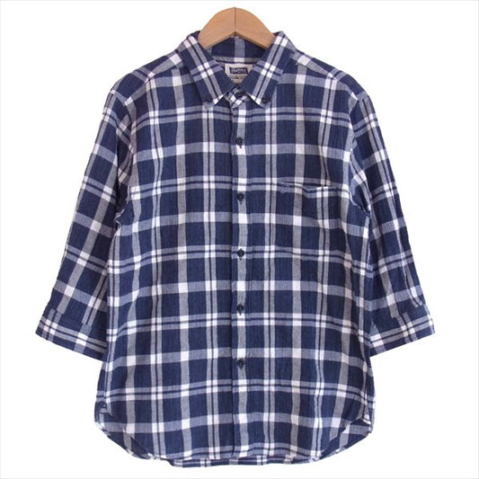 Pherrow's フェローズ 七分袖 チェック シャツ メンズ 日本製 コットン 長袖シャツ 紺×白 S【中古】