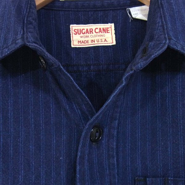 SUGAR CANE シュガーケーン USA製 ストライプ コットン ワーク シャツ 長袖 ワークシャツ ネイビー系 S【中古】