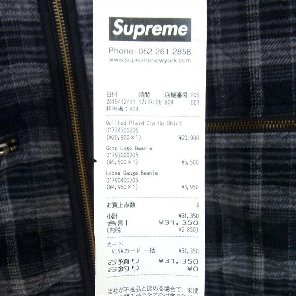 Supreme シュプリーム 国内正規品 納品書付属 19AW Quilted plaid zip up shirt キルテッド プレイド ジップアップ オフホワイト系 S【美品】【中古】