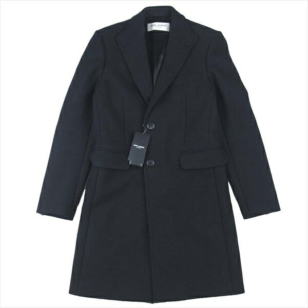 SAINT LAURENT サンローラン 国内正規品 393655 Y112W 16AW ラペル裏レザー切替 チェスター コート ブラック系 44【極上美品】【中古】