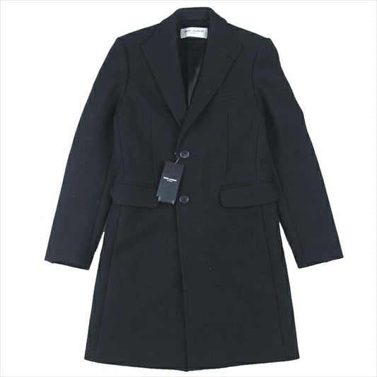 SAINT LAURENT サンローラン 国内正規品 393655 Y112W 16AW ラペル裏レザー切替 チェスター コート ブラック系 44【極上美品】【中古】