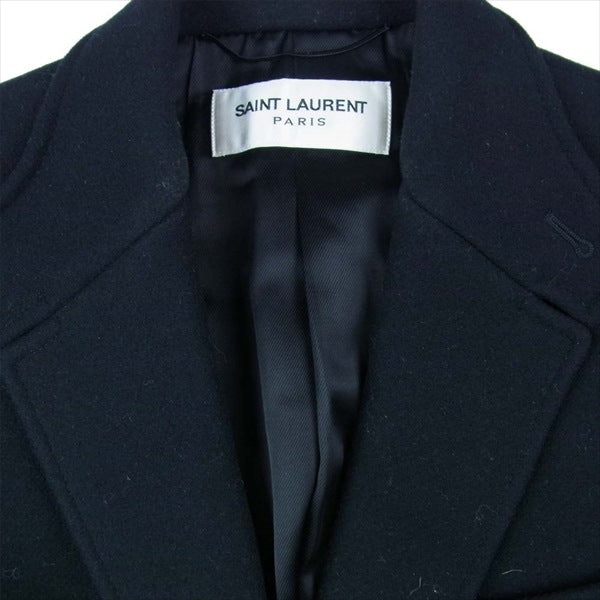 SAINT LAURENT サンローラン 国内正規品 393655 Y112W 16AW ラペル裏レザー切替 チェスター コート ブラック系 44【極上美品】【中古】