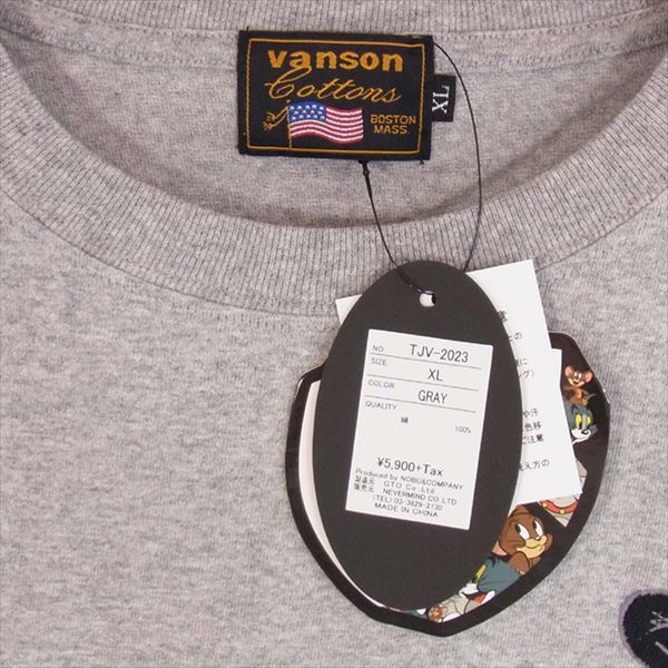 VANSON バンソン TJV-2023 トムとジェリー TOM AND JERRY ロゴプリント 刺繍 半袖 グレー系 XL【新古品】【未使用】【中古】