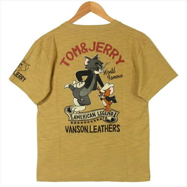 VANSON バンソン TJV-2011 トムとジェリー TOM AND JERRY ロゴ刺繍 スラブ天竺 半袖 カーキ(サンドベージュ)系 S【新古品】【未使用】【中古】