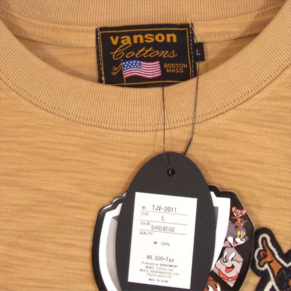 VANSON バンソン TJV-2011 トムとジェリー TOM AND JERRY ロゴ刺繍 スラブ天竺 半袖 ベージュ系 L【新古品】【未使用】【中古】