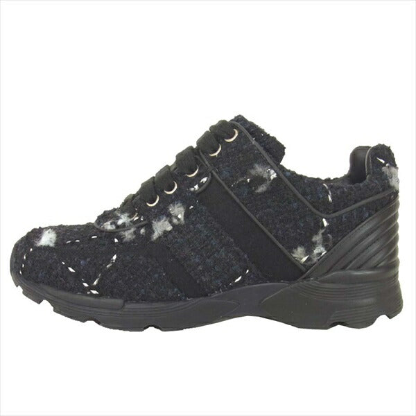 CHANEL シャネル G31711 ツイード×レザー エンブレム チャーム レディース スニーカー 黒系 36【美品】【中古】