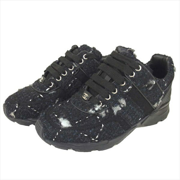 CHANEL シャネル G31711 ツイード×レザー エンブレム チャーム レディース スニーカー 黒系 36【美品】【中古】