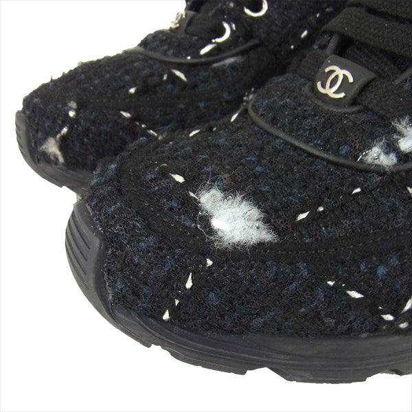 CHANEL シャネル G31711 ツイード×レザー エンブレム チャーム レディース スニーカー 黒系 36【美品】【中古】
