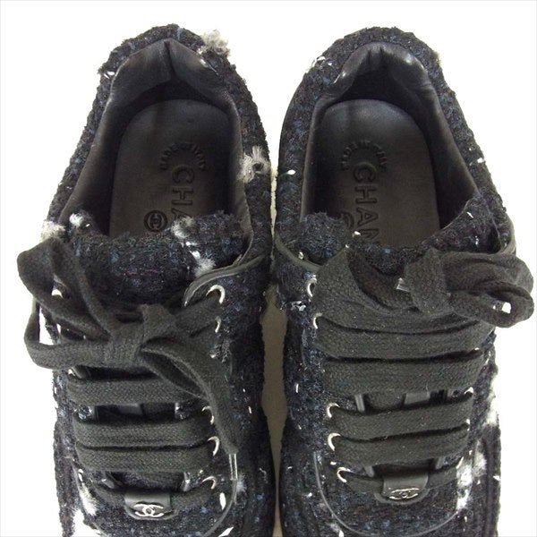 CHANEL シャネル G31711 ツイード×レザー エンブレム チャーム レディース スニーカー 黒系 36【美品】【中古】