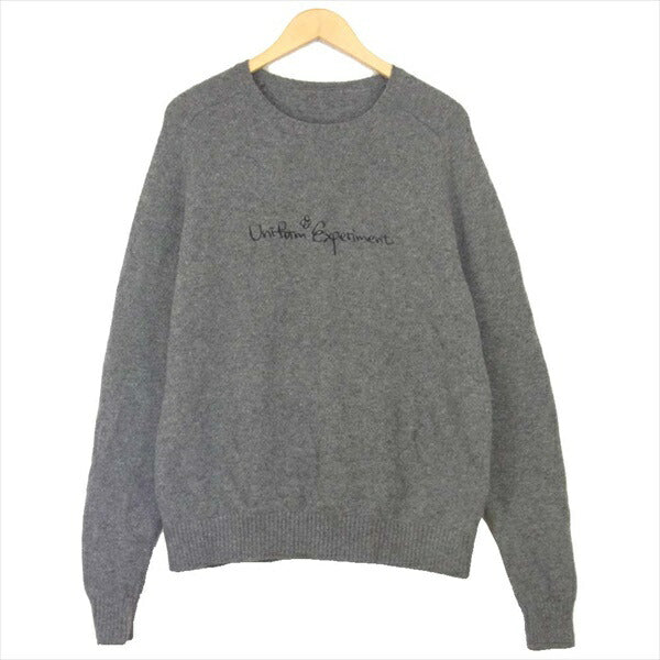 uniform experiment ユニフォームエクスペリメント 19AW EMBROIDERY CREW NECK KNIT ロゴ 刺繍 ウール ニット グレー系 3【中古】