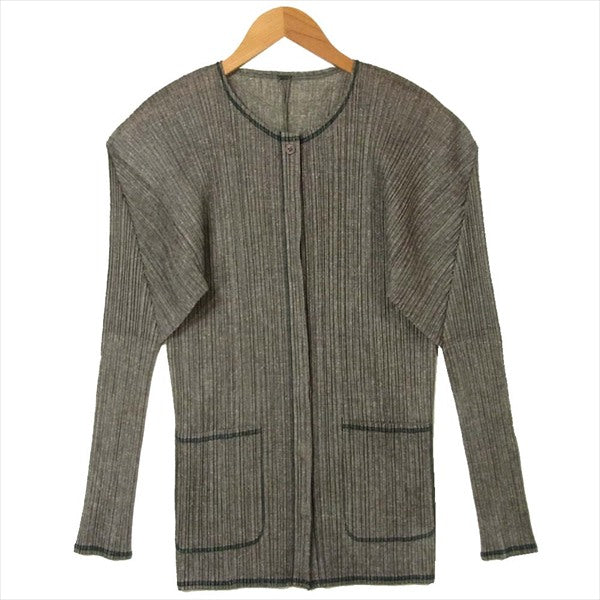 PLEATS PLEASE プリーツプリーズ PP12-JD265 ネップツイード転写プリント ノーカラー レディース ジャケット グレー系 グレー系 3【美品】【中古】