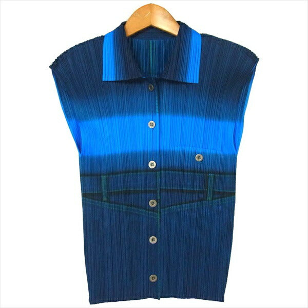 PLEATS PLEASE プリーツプリーズ イッセイミヤケ ISSEY MIYAKE PP22-JE893 グラデーション シャツ レディース ノースリーブ ブルー系 3【美品】【中古】