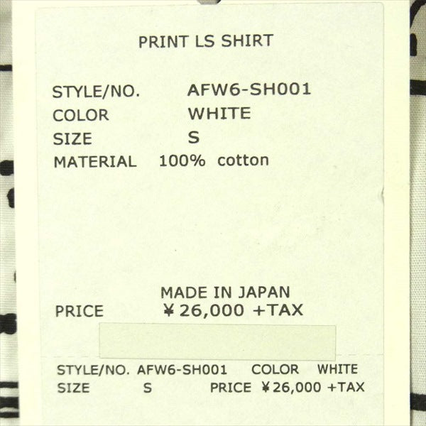 エー・フォー ラブス A.FOUR Labs AFW6-SH001 PRINT LS SHIRT プリント 長袖シャツ ホワイト系 S 【新古品】【未使用】【即決】 ホワイト系 S【新古品】【未使用】【中古】