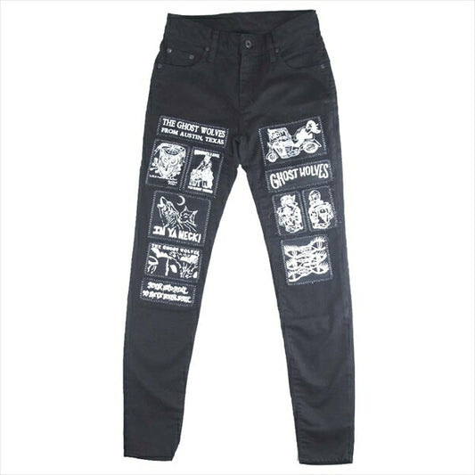 HYSTERIC GLAMOUR ヒステリックグラマー 05191AP03 GHOST WOLVES COLLAGE PT パッチ リメイク スリム パンツ 黒系 26インチ【美品】【中古】