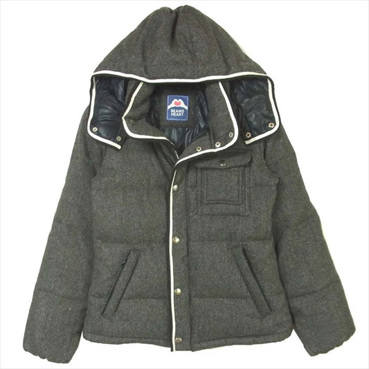 BEAMS ビームス ヘリンボーン フード ダウン ジャケット チャコール系 サイズ表記なし【中古】