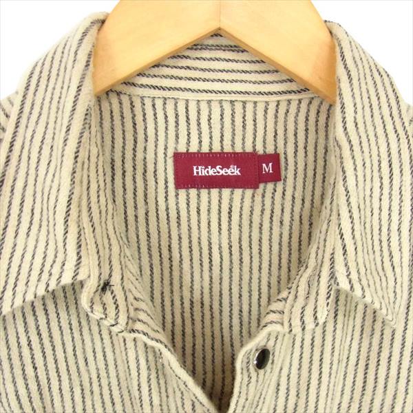 HideandSeek ハイドアンドシーク HS-12036 ロゴ 刺繍 リネン ウール ストライプ ウエスタン 長袖シャツ 白系 白系 M【中古】