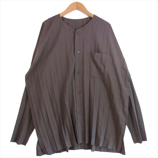 HOMME PLISSE ISSEY MIYAKE オム プリッセ イッセイミヤケ HP01FJ011 EDGE SHIRT ノーカラー シャツ 長袖シャツ ブラウン系 3【美品】【中古】