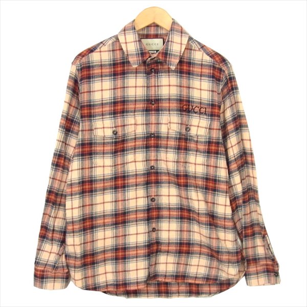 GUCCI グッチ 国内正規 18AW PARAMOUNT パラマウント ロゴ 刺繍 チェック 長袖シャツ レッド系 46【中古】