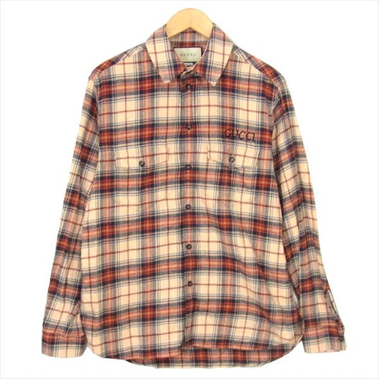 GUCCI グッチ 国内正規 18AW PARAMOUNT パラマウント ロゴ 刺繍 チェック 長袖シャツ レッド系 46【中古】