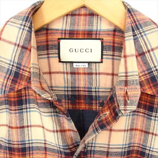 GUCCI グッチ 国内正規 18AW PARAMOUNT パラマウント ロゴ 刺繍 チェック 長袖シャツ レッド系 46【中古】