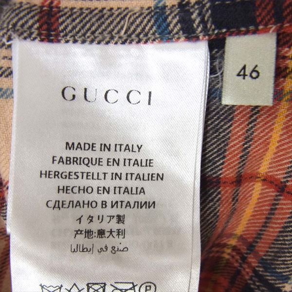 GUCCI グッチ 国内正規 18AW PARAMOUNT パラマウント ロゴ 刺繍 チェック 長袖シャツ レッド系 46【中古】