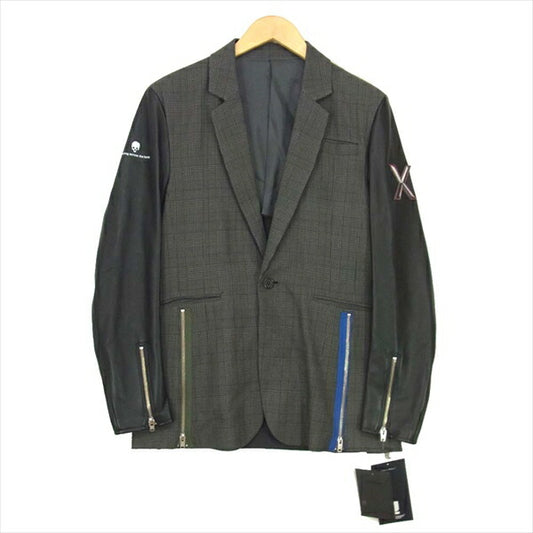 UNDERCOVER アンダーカバー 19SS UCW4104 袖レザー チェック テーラード ジャケット グレー系 1【極上美品】【中古】