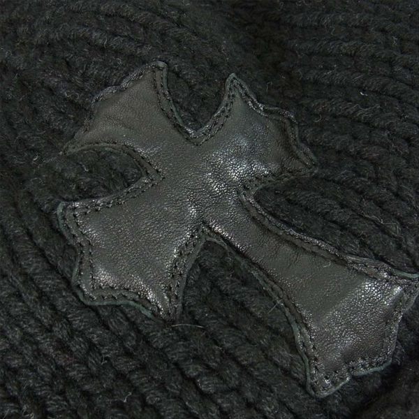 CHROME HEARTS クロムハーツ（原本無） 極美品 レザー クロスパッチ カシミヤ ビーニー クロスボール ニットキャップ 黒系【美品】【中古】