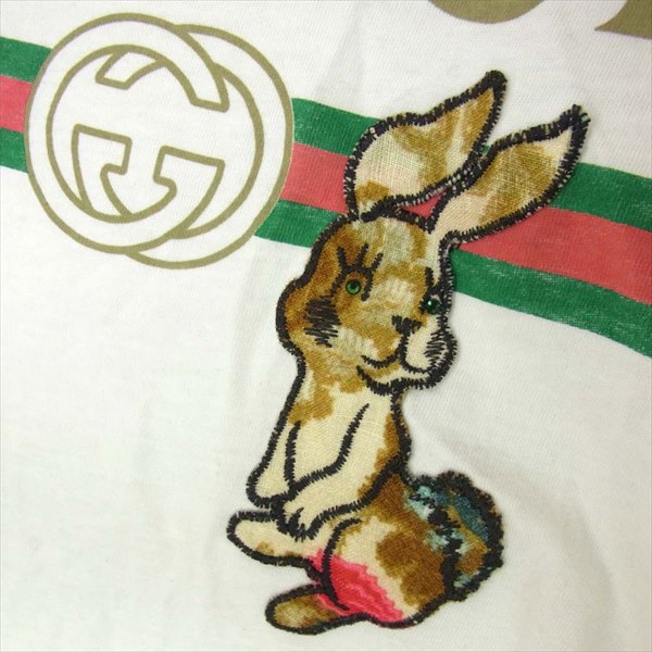 GUCCI グッチ 国内正規品 493117-X9V42 18AW ダメージ加工 ラビットアップリケ オールドロゴ Tシャツ 白系 XS【中古】