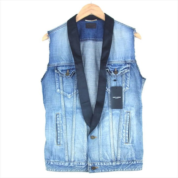 SAINT LAURENT サンローラン エディ期 2015 421281 Y197L サテンショールカラー ダメージ加工 デニム ベスト ジレ インディゴブルー系 S【新古品】【未使用】【中古】