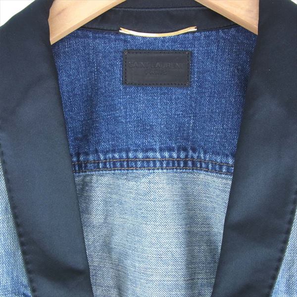 SAINT LAURENT サンローラン エディ期 2015 421281 Y197L サテンショールカラー ダメージ加工 デニム ベスト ジレ インディゴブルー系 S【新古品】【未使用】【中古】