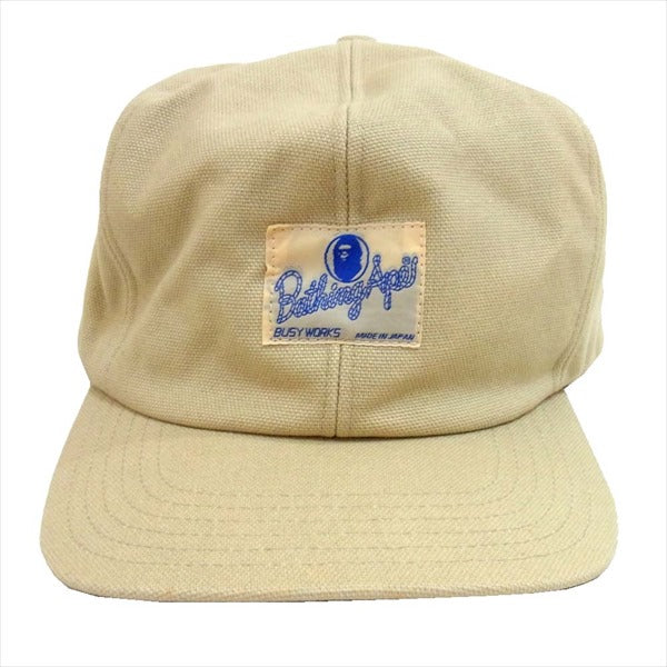 A BATHING APE アベイシングエイプ 日本製 BUSY WORKS ロゴ パッチ 裏地キルティング キャップ ベージュ系 M【美品】【中古】