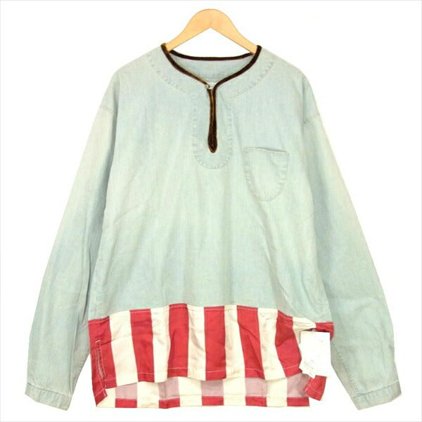 VISVIM ビズビム 119105007003 19SS BORDER TUNIC P.O.DMGD ヘンリー ネックデニム 切替 長袖シャツ インディゴブルー系 4【美品】【中古】