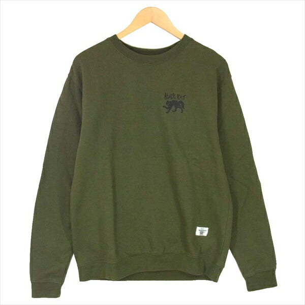 BEDWIN & THE HEARTBREAKERS ベドウィンアンドザハートブレイカーズ 19AB2870 L/S C-NECK SWEAT LOU BLACK KAT プリント クルーネック 裏起毛 スウェット カーキ(オリーブグリーン)系 3【中古】
