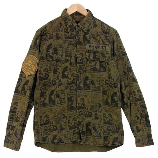 HYSTERIC GLAMOUR ヒステリックグラマー 0224AH05 総柄 プリント ミリタリー シャツ ミリタリーシャツ カーキ(オリーブグリーン)系 M【中古】