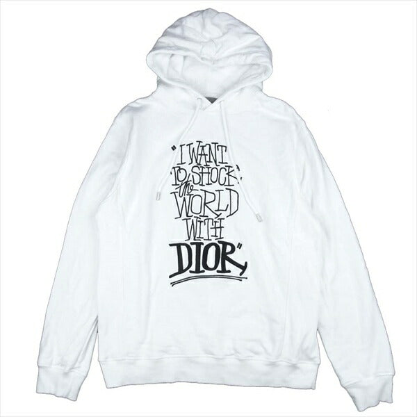 DIOR HOMME ディオールオム 国内正規品 ショーンステューシー Shawn Stussy 033J646A0531 メッセージ 刺繍 プルオーバー パーカー ホワイト系 L【中古】