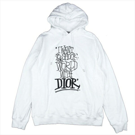 DIOR HOMME ディオールオム 国内正規品 ショーンステューシー Shawn Stussy 033J646A0531 メッセージ 刺繍 プルオーバー パーカー ホワイト系 L【中古】