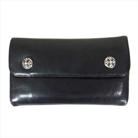 CHROME HEARTS クロムハーツ（原本無） WAVE WALLET ウェーブ クロスボタン レザー ウォレット 財布 ブラック系【中古】