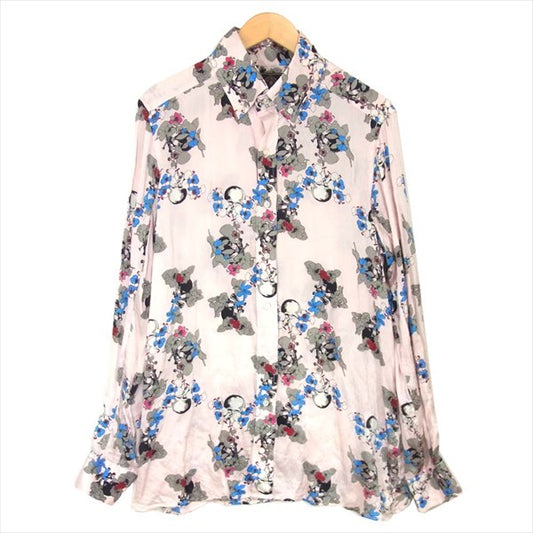 ROEN ロエン シルク100% スカル 花柄 絹 ボタンダウン ロングスリーブ 長袖シャツ ピンク系 52【中古】