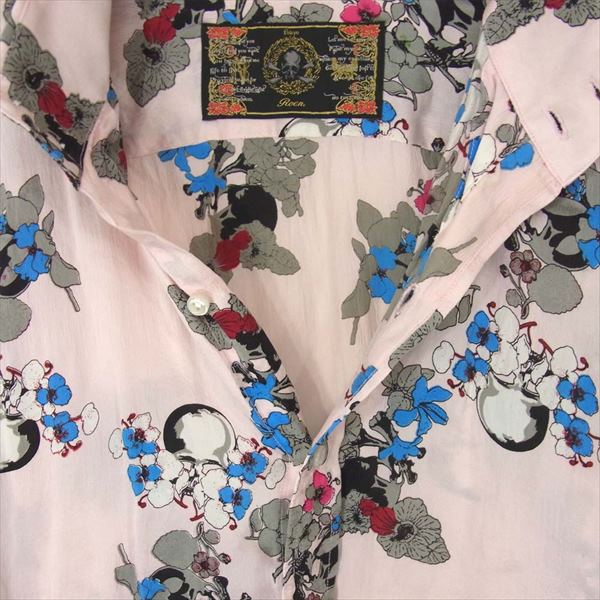 ROEN ロエン シルク100% スカル 花柄 絹 ボタンダウン ロングスリーブ 長袖シャツ ピンク系 52【中古】