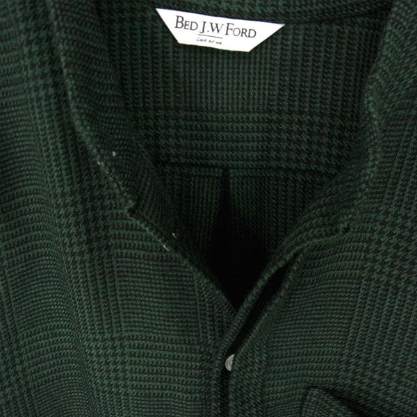 BED J.W. FORD ベッドフォード ノーカラー ウール チェック 日本製 長袖シャツ グリーン系【美品】【中古】