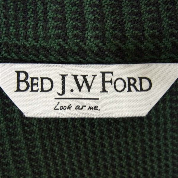 BED J.W. FORD ベッドフォード ノーカラー ウール チェック 日本製 長袖シャツ グリーン系【美品】【中古】