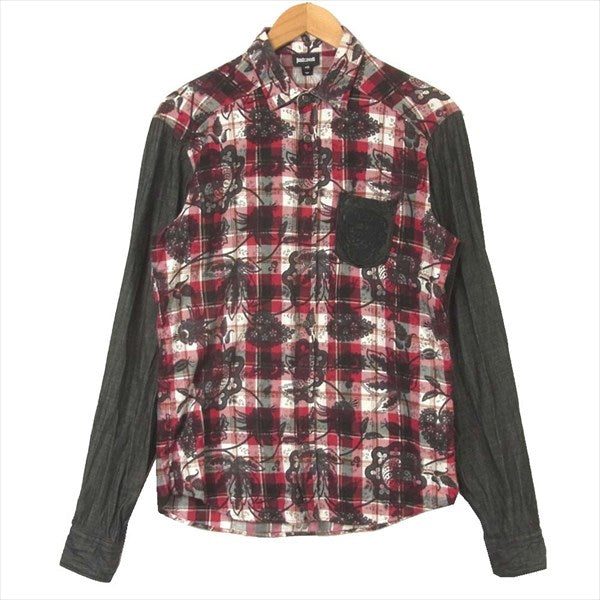 Just Cavalli ジャストカヴァリ S01DL0076-N36988 デニム切替 レザーポケット ペイズリー チェック 長袖シャツ レッド系 48【中古】